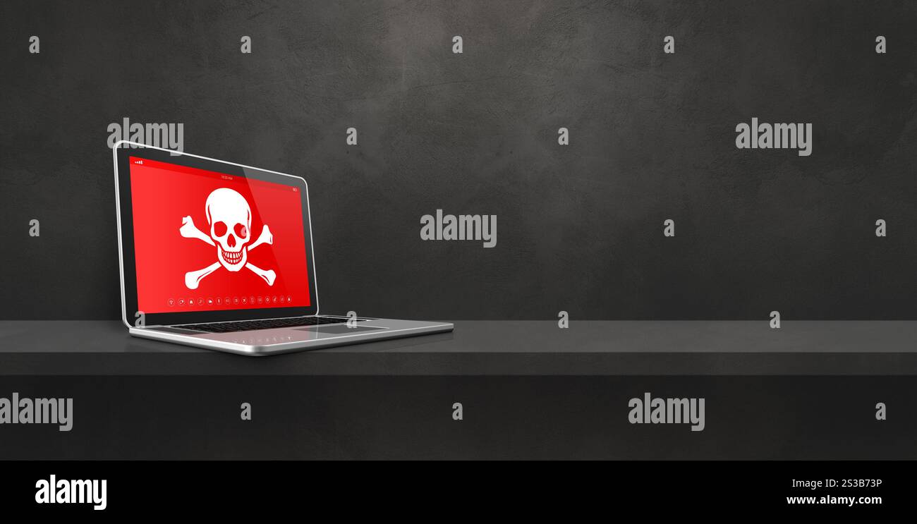 Ordinateur portable sur une étagère avec un symbole pirate à l'écran. Concept de piratage et de virus. Illustration 3D isolée sur fond noir. Bannière horizontale. Ordinateur portable Banque D'Images