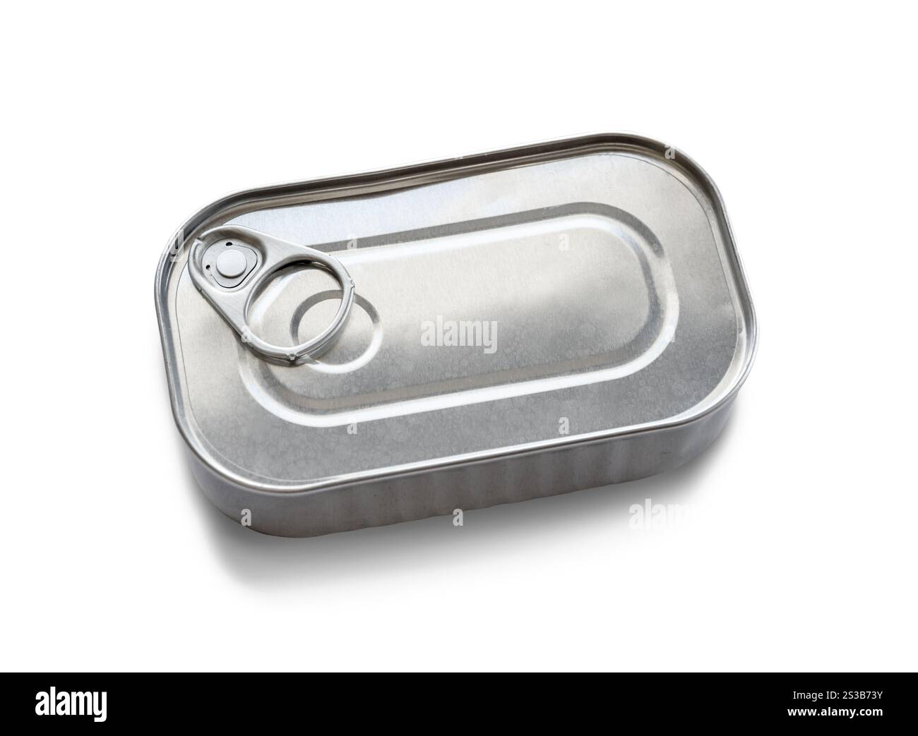 Boîte de sardine vierge avec espace de copie, isolé sur fond blanc. Boîte de sardine vierge isolée sur fond blanc Banque D'Images