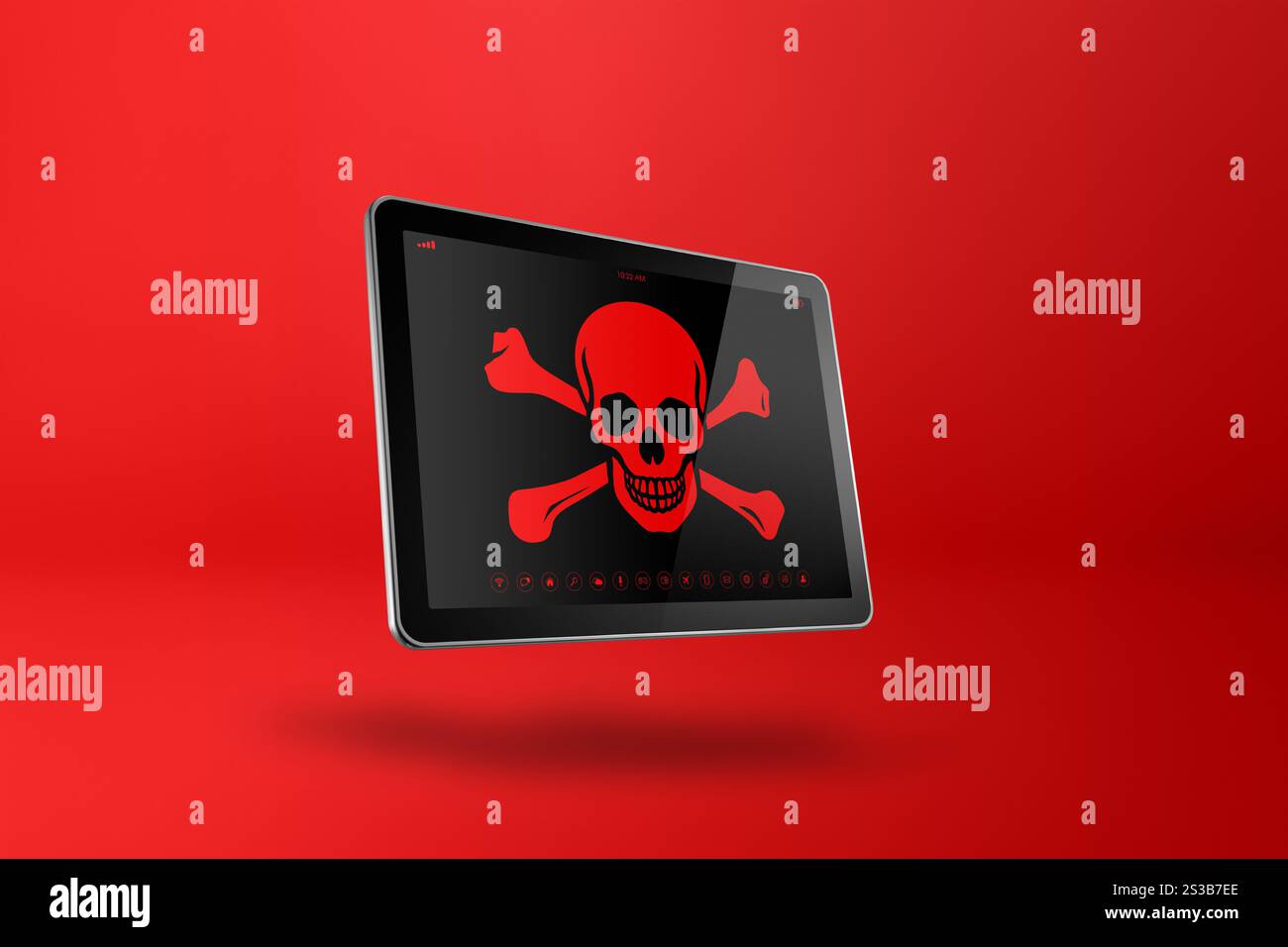 Tablet PC numérique avec un symbole de pirate à l'écran. Concept de piratage et de virus. Illustration 3D isolée sur fond rouge. Tablet PC numérique avec Banque D'Images