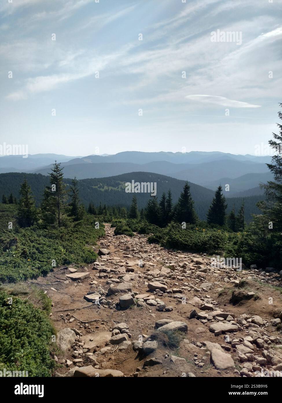 Le sentier de la route de montagne mène au paysage pittoresque de fond avec vue sentier de randonnée Hoverla dans les Carpates Banque D'Images