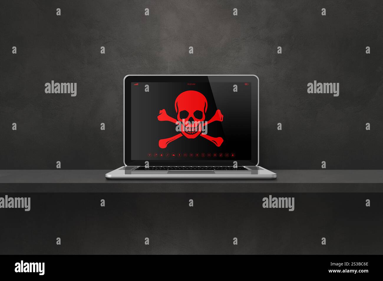 Ordinateur portable sur une étagère avec un symbole pirate à l'écran. Concept de piratage et de virus. Illustration 3D isolée sur fond noir. Ordinateur portable sur une étagère avec un Banque D'Images