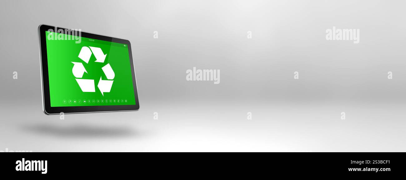 Tablet PC numérique avec un symbole de recyclage à l'écran. concept de conservation de l'environnement. Illustration 3D isolée sur fond blanc. Horizontal Banque D'Images