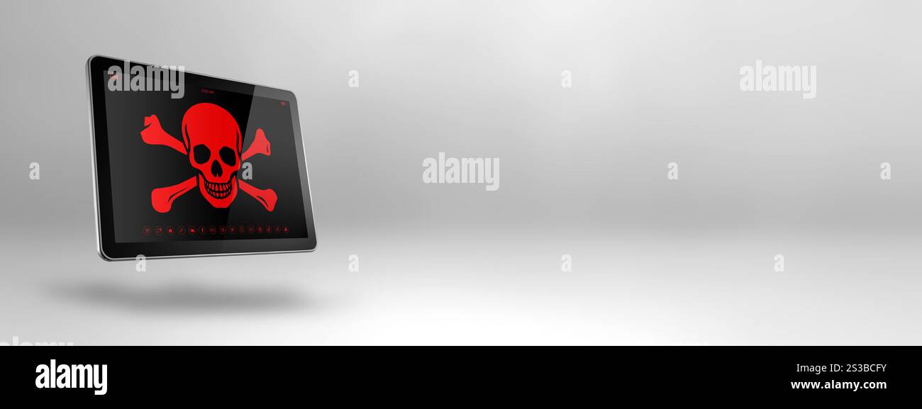 Tablet PC numérique avec un symbole de pirate à l'écran. Concept de piratage et de virus. Illustration 3D isolée sur fond blanc. Bannière horizontale. Numérique Banque D'Images