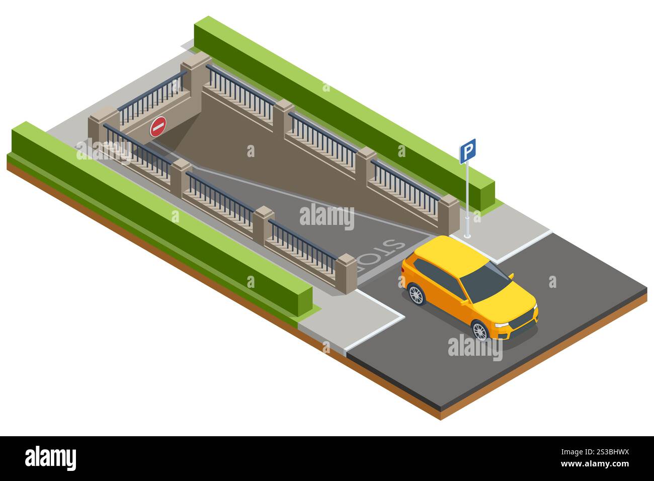 Illustration vectorielle isométrique d'une rampe de stationnement menant à un parking souterrain, entourée d'un aménagement paysager vert et d'une signalisation claire pour Illustration de Vecteur