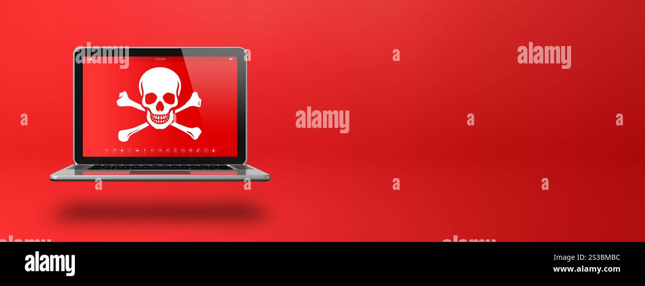 Ordinateur portable avec un symbole pirate à l'écran. Concept de piratage et de virus. Illustration 3D isolée sur fond rouge. Bannière horizontale. Ordinateur portable avec un pirate Banque D'Images