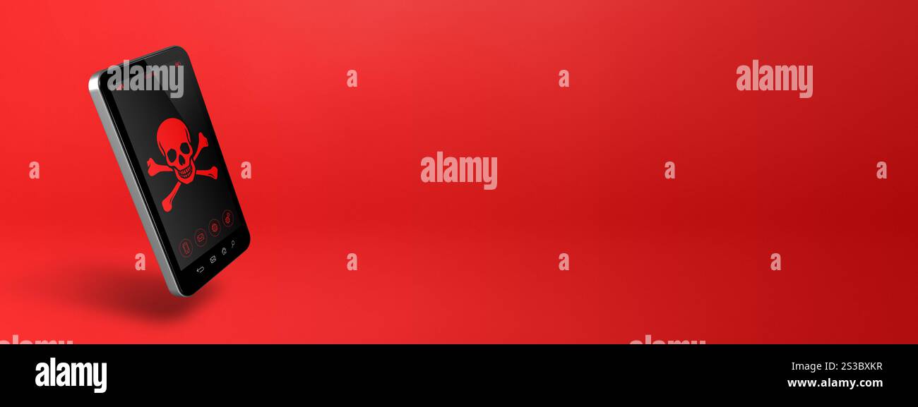 Smartphone avec un symbole pirate sur l'écran. Concept de piratage et de virus. Illustration 3D isolée sur fond rouge. Bannière horizontale. smartphone avec Banque D'Images