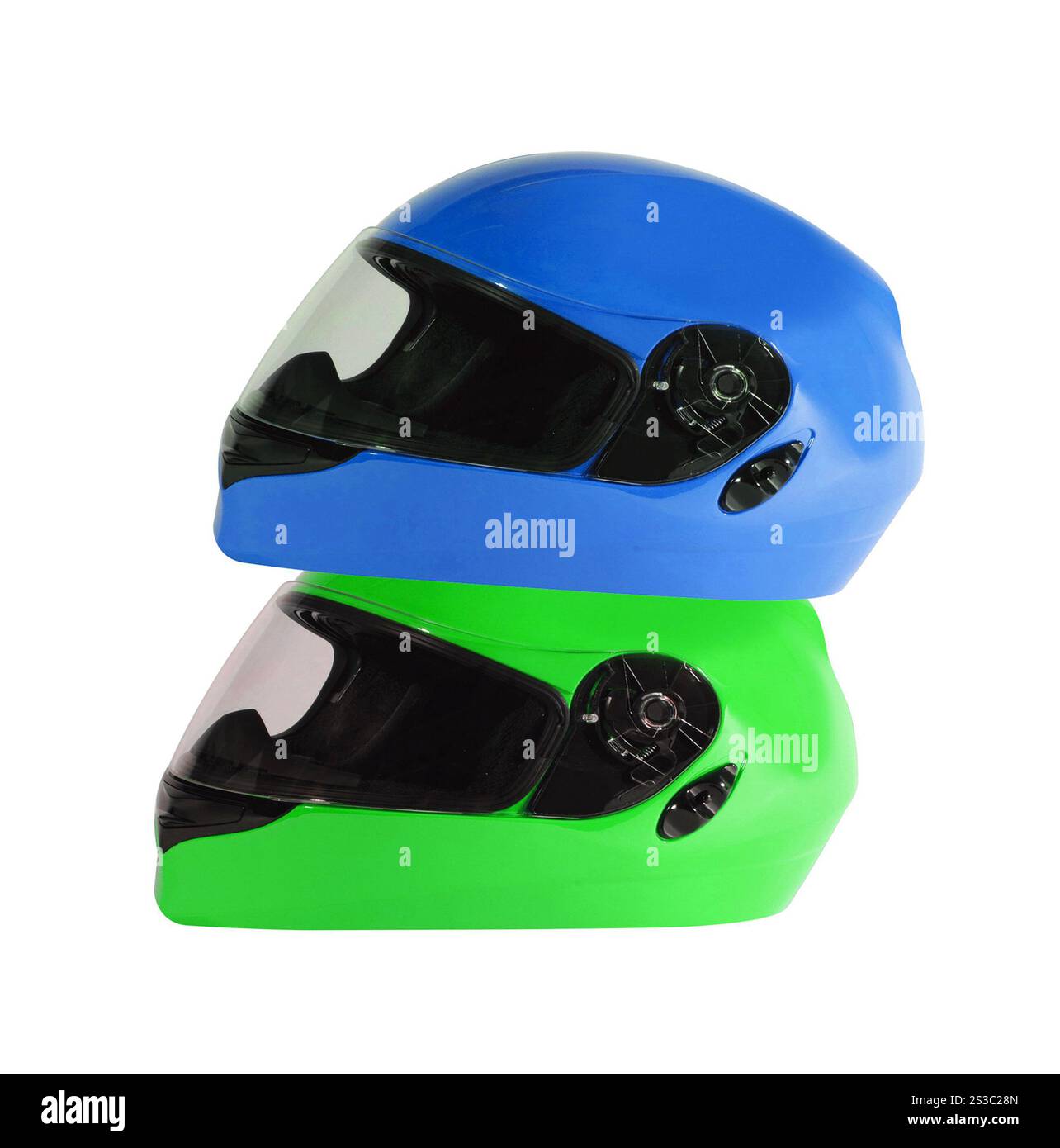 Casques de vélo bleus et verts. Casques de vélo orange et vert Banque D'Images