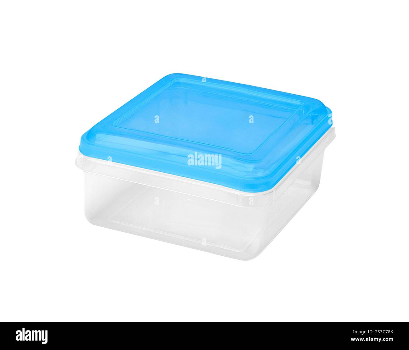 Récipient en plastique pour la nourriture isolé sur fond blanc Banque D'Images