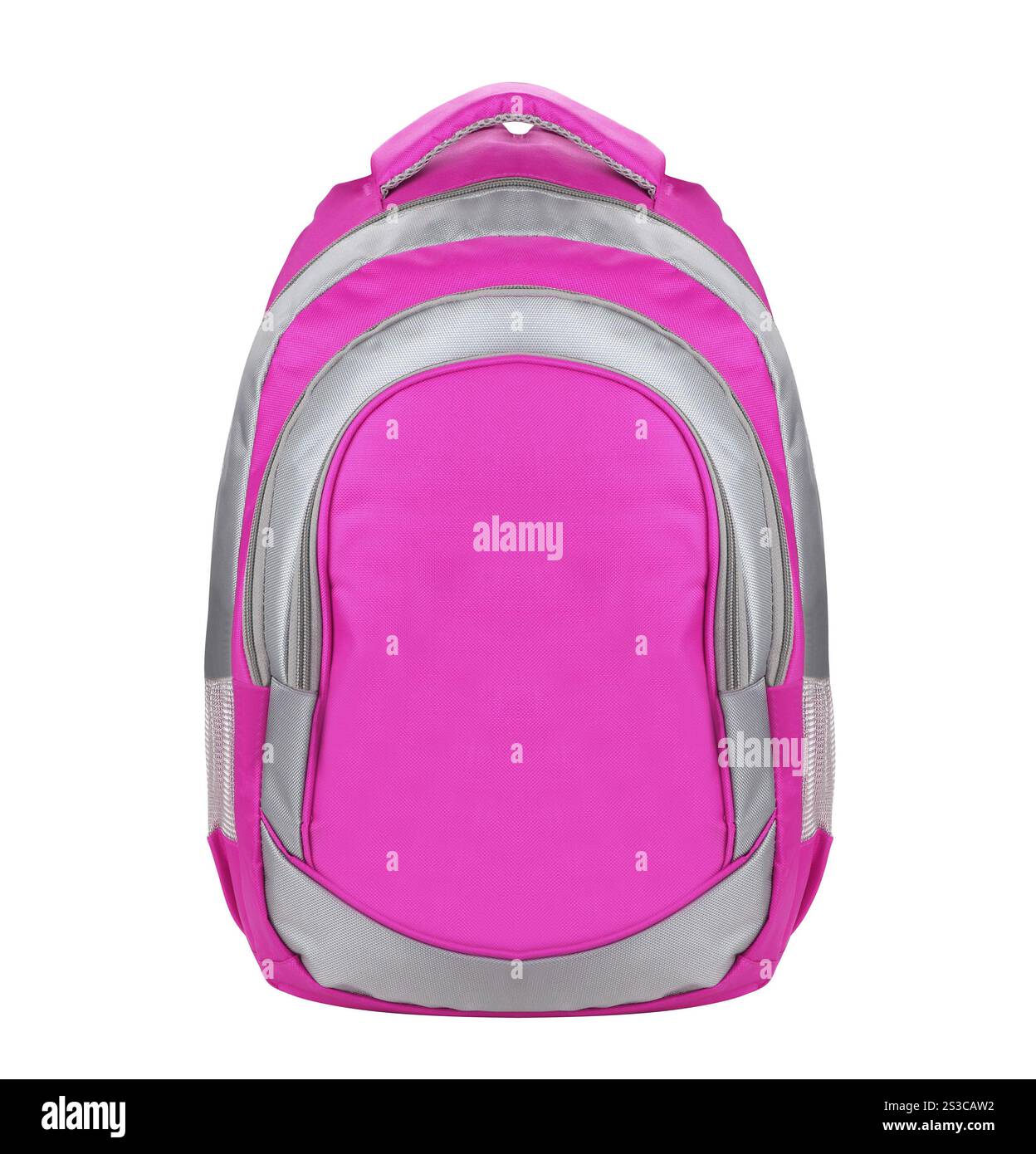 Sac à dos rose debout isolé sur fond blanc. Sac à dos vert debout isolé sur fond blanc Banque D'Images