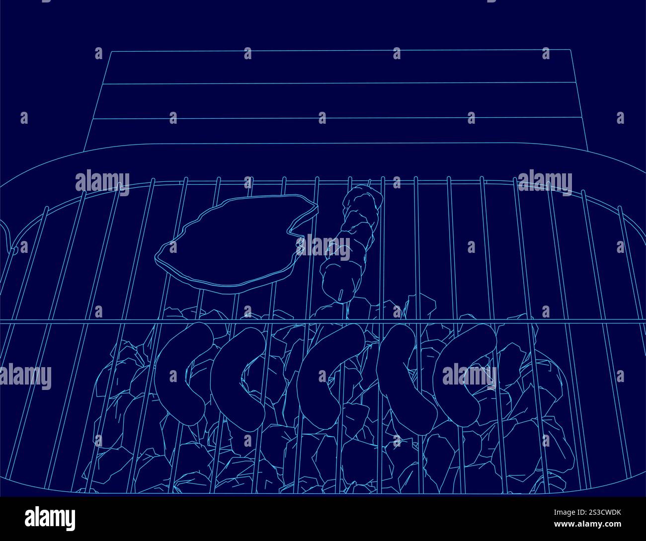 Dessin bleu d'un grill avec de la nourriture dessus. Le grill est plein de nourriture, y compris des hot-dogs et des saucisses. La scène est décontractée et détendue Illustration de Vecteur