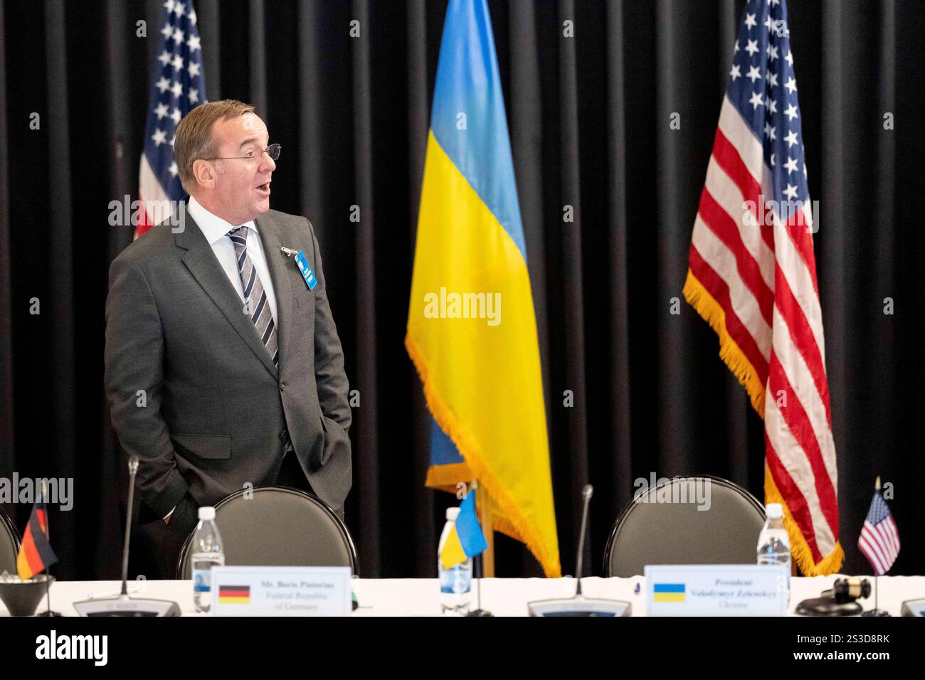BORIS PISTORIUS à la réunion du Groupe de contact pour la défense de l'Ukraine (UDCG) à la base aérienne de Ramstein. Banque D'Images