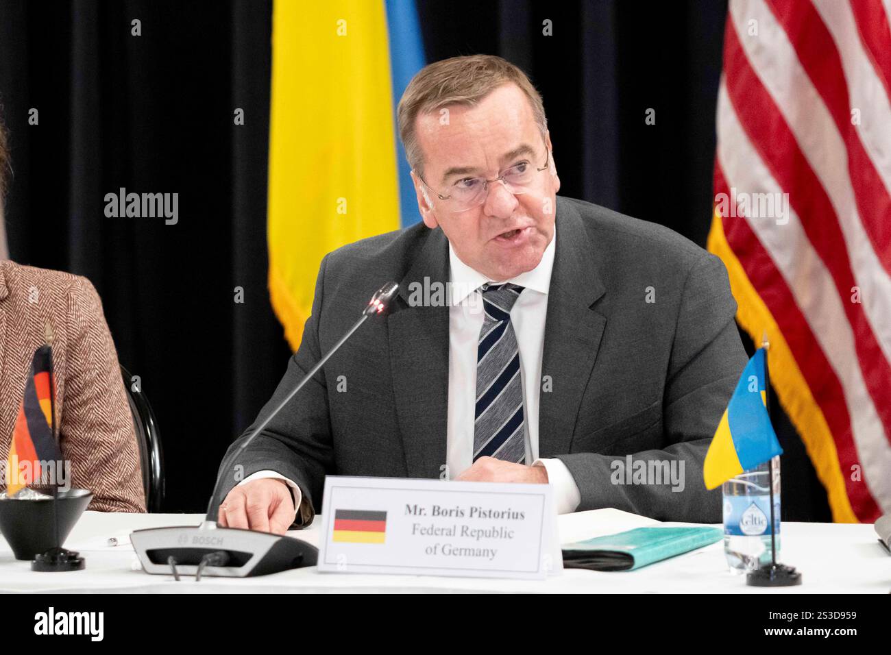 BORIS PISTORIUS à la réunion du Groupe de contact pour la défense de l'Ukraine (UDCG) à la base aérienne de Ramstein. Banque D'Images