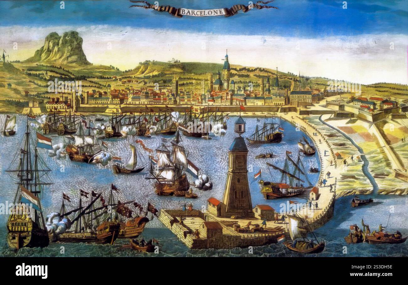 Port de Barcelone, gravure française du XVIIIe siècle Banque D'Images