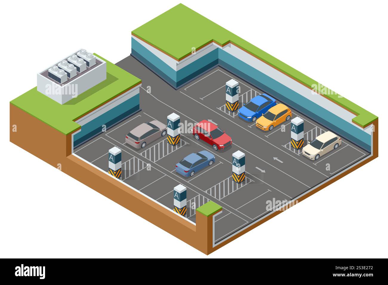 Disposition vectorielle isométrique d'un parc de stationnement souterrain avec plusieurs voitures et des zones de stationnement marquées. Comporte des marquages routiers clairs et structurels Illustration de Vecteur