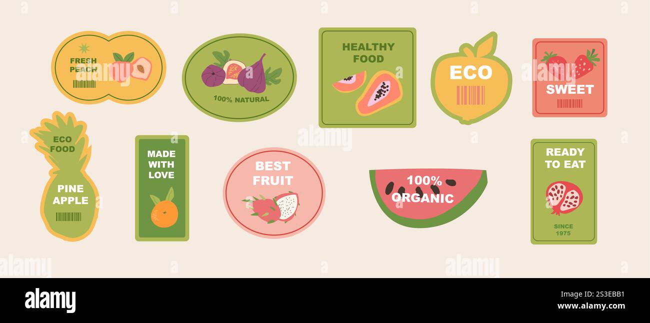 Étiquettes de fruits écologiques colorées pour les produits biologiques et naturels. Illustration de Vecteur