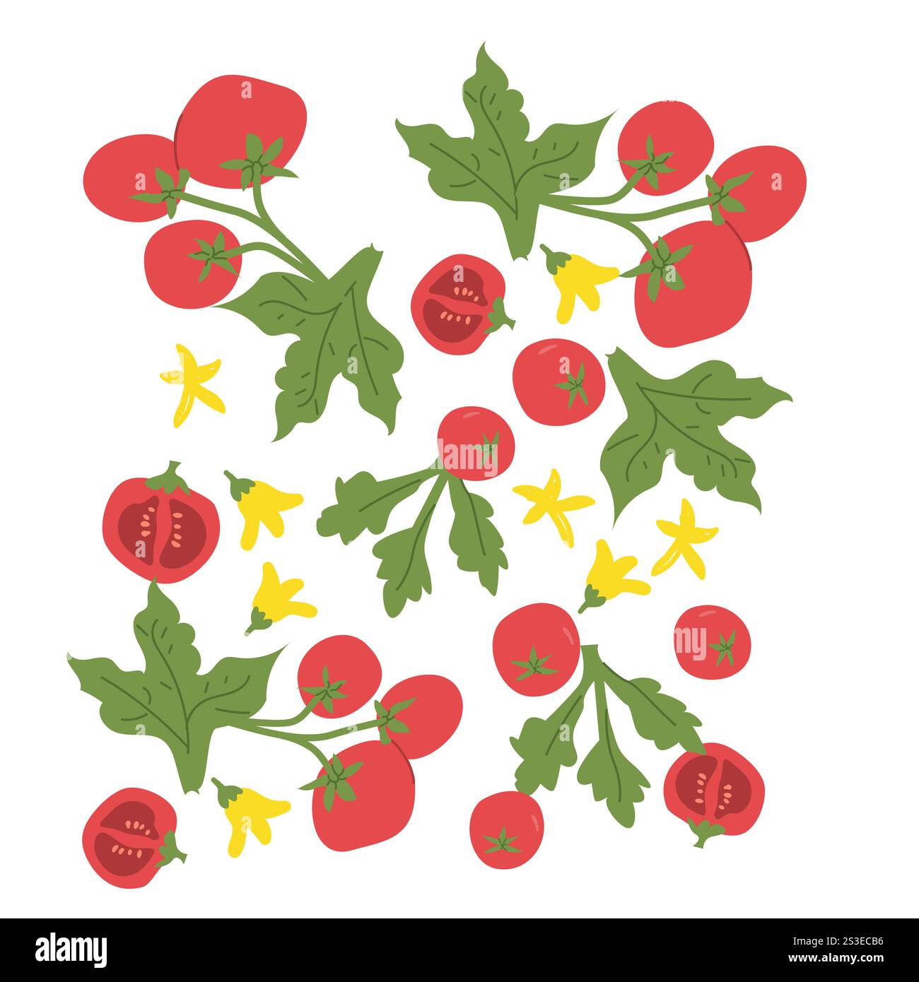 Motif tomate coloré avec des feuilles vibrantes et des fleurs jaunes. Illustration de Vecteur Motif tomate coloré avec des feuilles vibrantes et des fleurs jaunes. Illustration de Vecteur