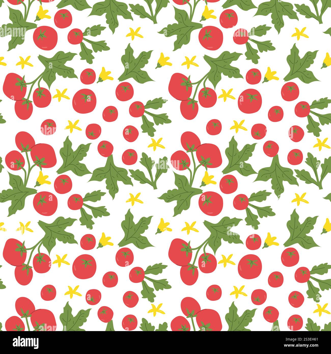 Motif tomate et roquette vibrant avec de délicates fleurs jaunes. Illustration de Vecteur Motif tomate et roquette vibrant avec de délicates fleurs jaunes. Illustration de Vecteur