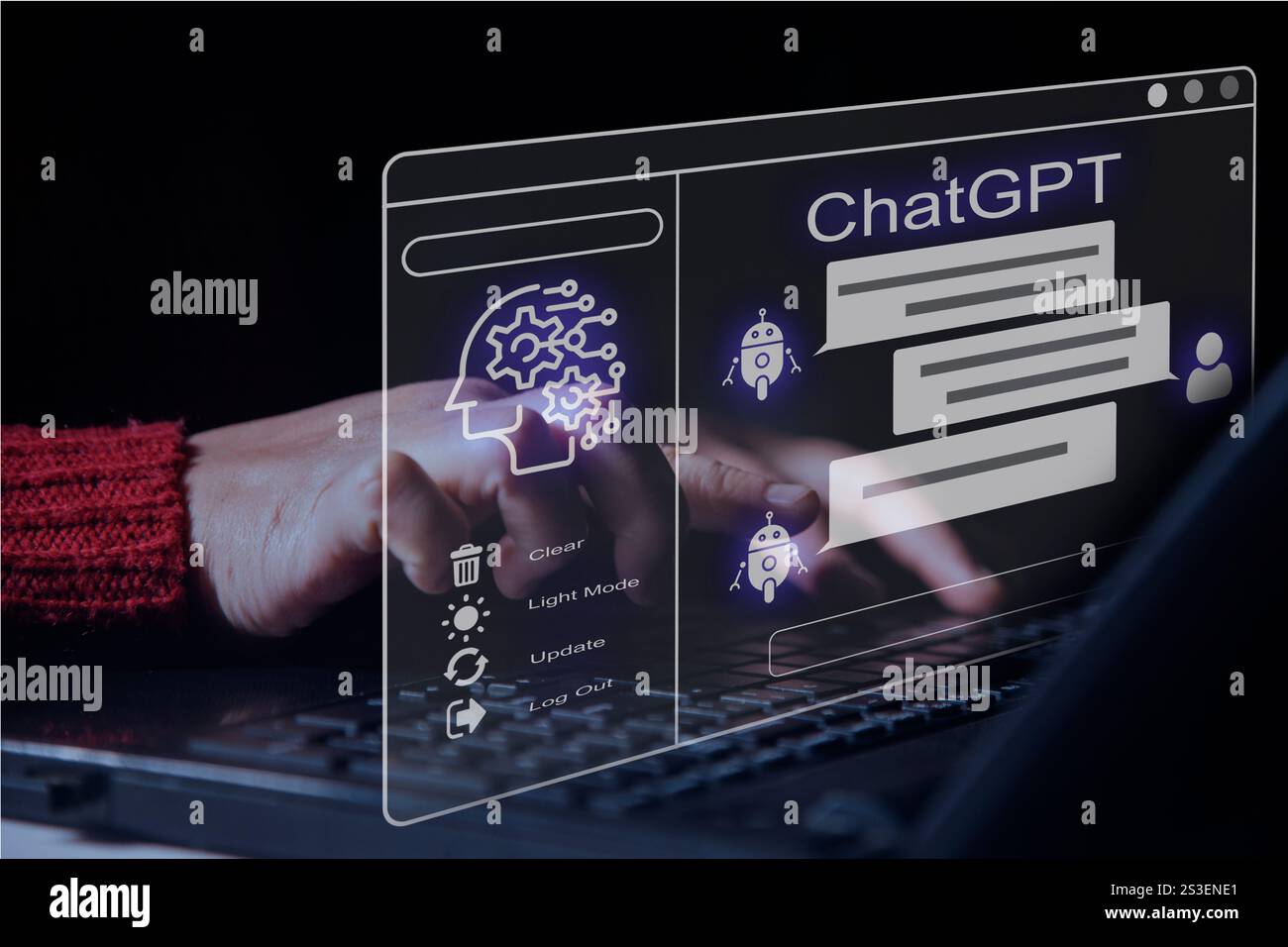 ChatGPT Chat avec IA ou Intelligence artificielle. Jeune homme d'affaires discutant avec une IA intelligente ou une intelligence artificielle en utilisant une intelligence artificielle Banque D'Images