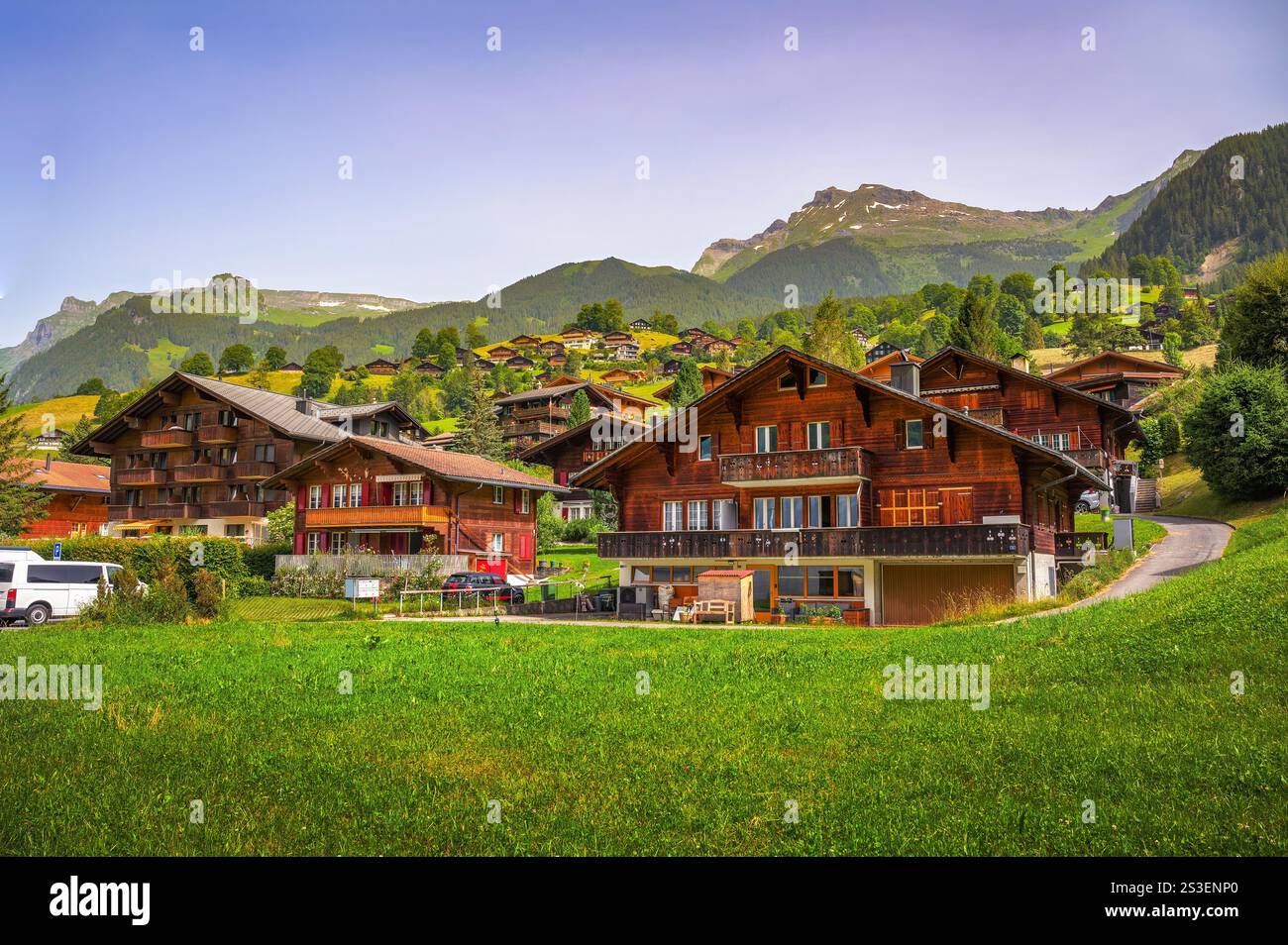 Gîtes traditionnels dans le village de Grindelwald, Alpes suisses, Suisse Banque D'Images