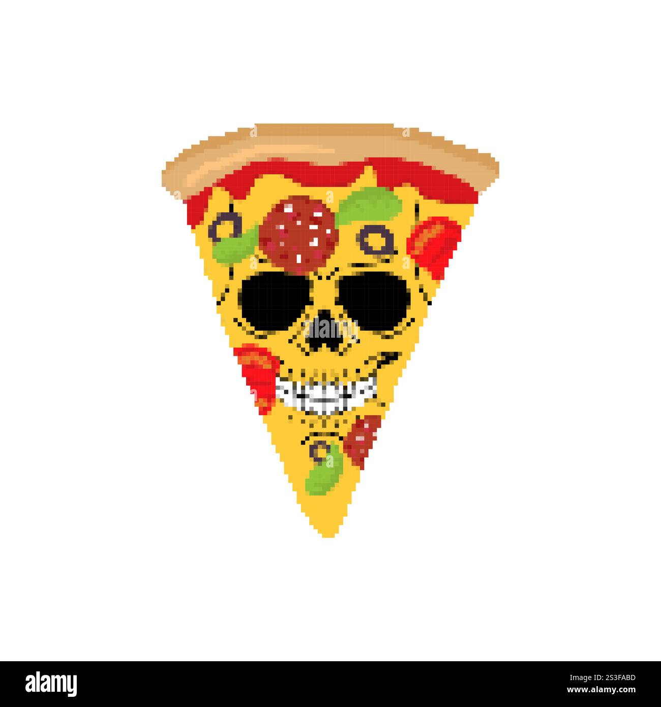 Pixel de pizza Skull avec tranche de pizza Skeleton Head 8 bits. Illustration de Vecteur