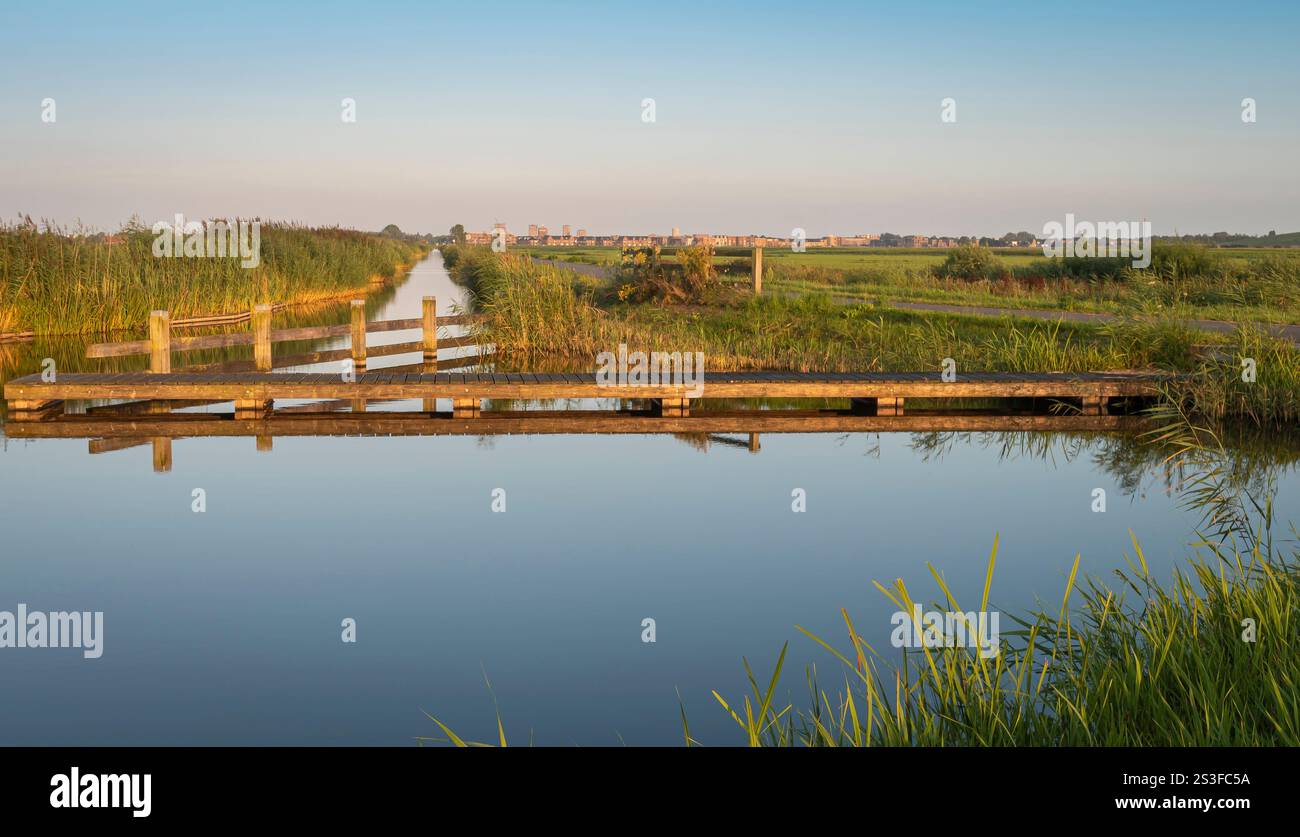 Paysage hollandais, canal d'eau avec jetée et silhouette de la ville Amersfoort au loin Banque D'Images