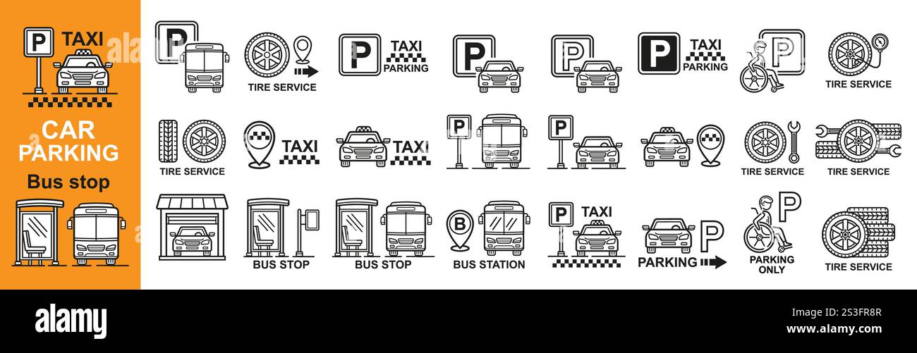 Zone de stationnement de voiture, station d'arrêt de bus, place de parking de taxi, espace de parc de transport automatique pour personne handicapée, ensemble d'icônes de ligne de service de réparation de pneus d'automobile Illustration de Vecteur