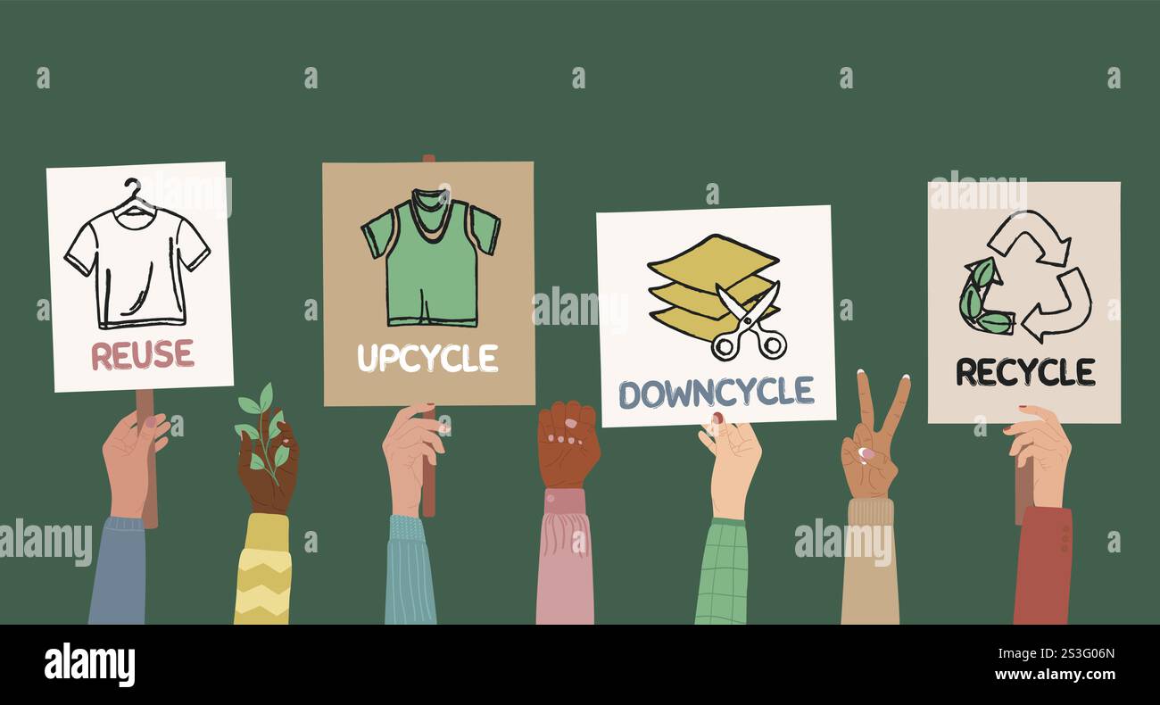 Grève de protestation contre le gaspillage de la mode rapide et la surconsommation. Ensemble de mains humaines avec des bannières écologiques, des pancartes. Économie circulaire de la mode, Sustainable ec Illustration de Vecteur