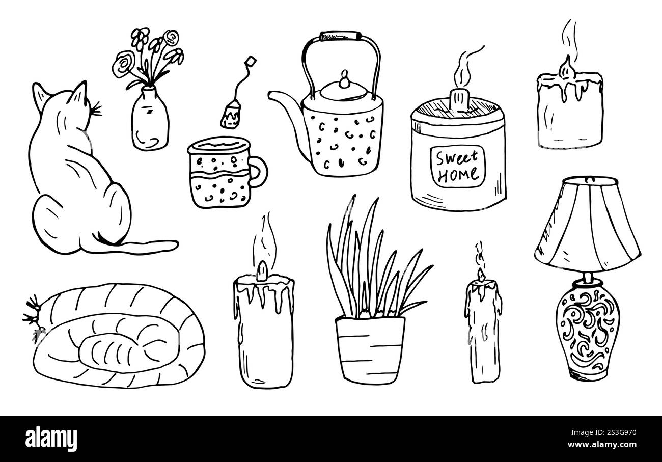 Un ensemble confortable d'éléments de décoration et d'accessoires pour la maison. Illustrations vectorielles dessinées à la main, dessin de contour. Plaid, thé, théière, lampe, bougies, bougie parfumée, fleur en pot, chat, vase avec des fleurs. Illustration de Vecteur