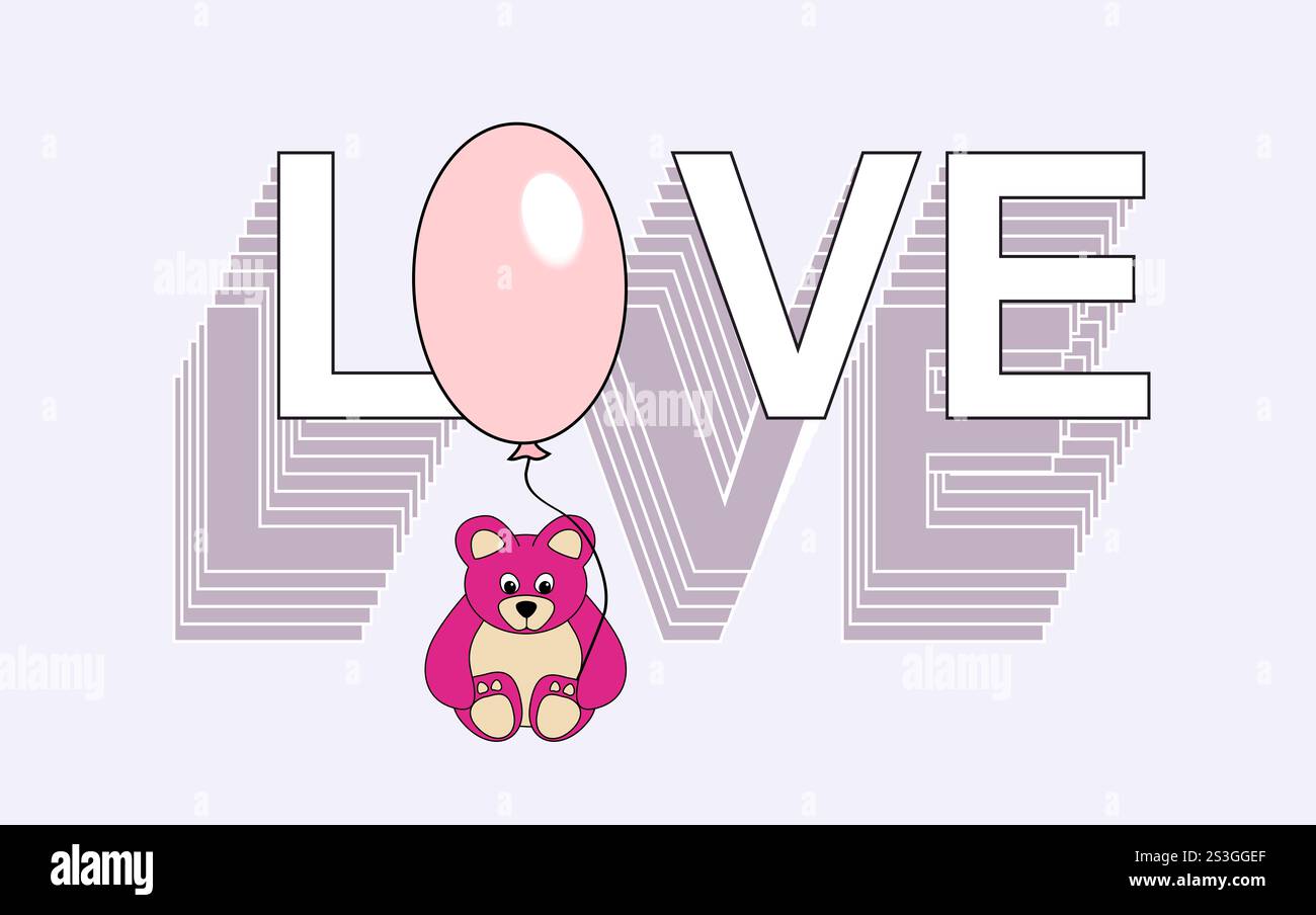 Icône de mot d'amour. Ourson en peluche assis et tenant un ballon. Illustration pour la Saint-Valentin, baby shower, c'est une fille, c'est un garçon, anniversaire Banque D'Images
