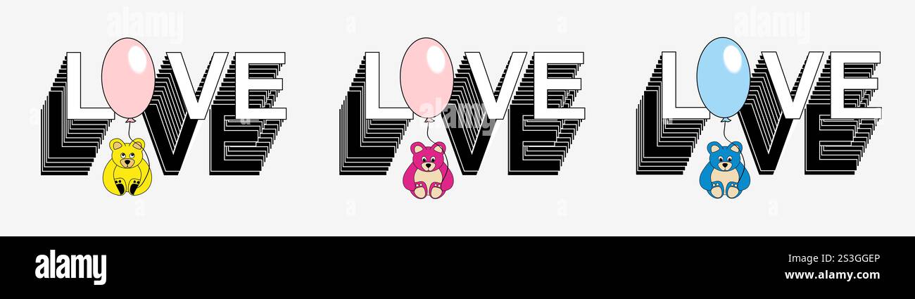 Icône de mot d'amour. Ourson en peluche assis et tenant un ballon. Illustration pour la Saint-Valentin, baby shower, c'est une fille, c'est un garçon, anniversaire Banque D'Images