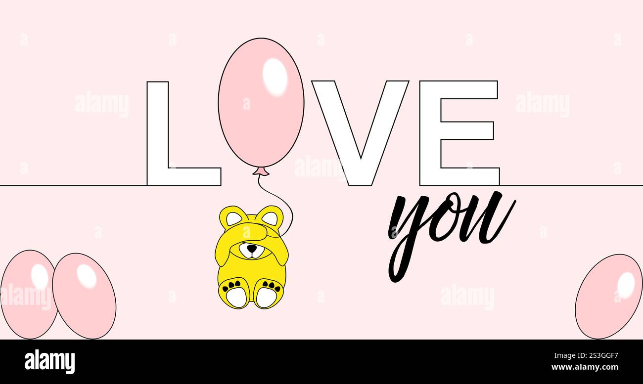 Icône de mot d'amour. Ourson en peluche assis et tenant un ballon. Illustration pour la Saint-Valentin, baby shower, c'est une fille, c'est un garçon, anniversaire Banque D'Images