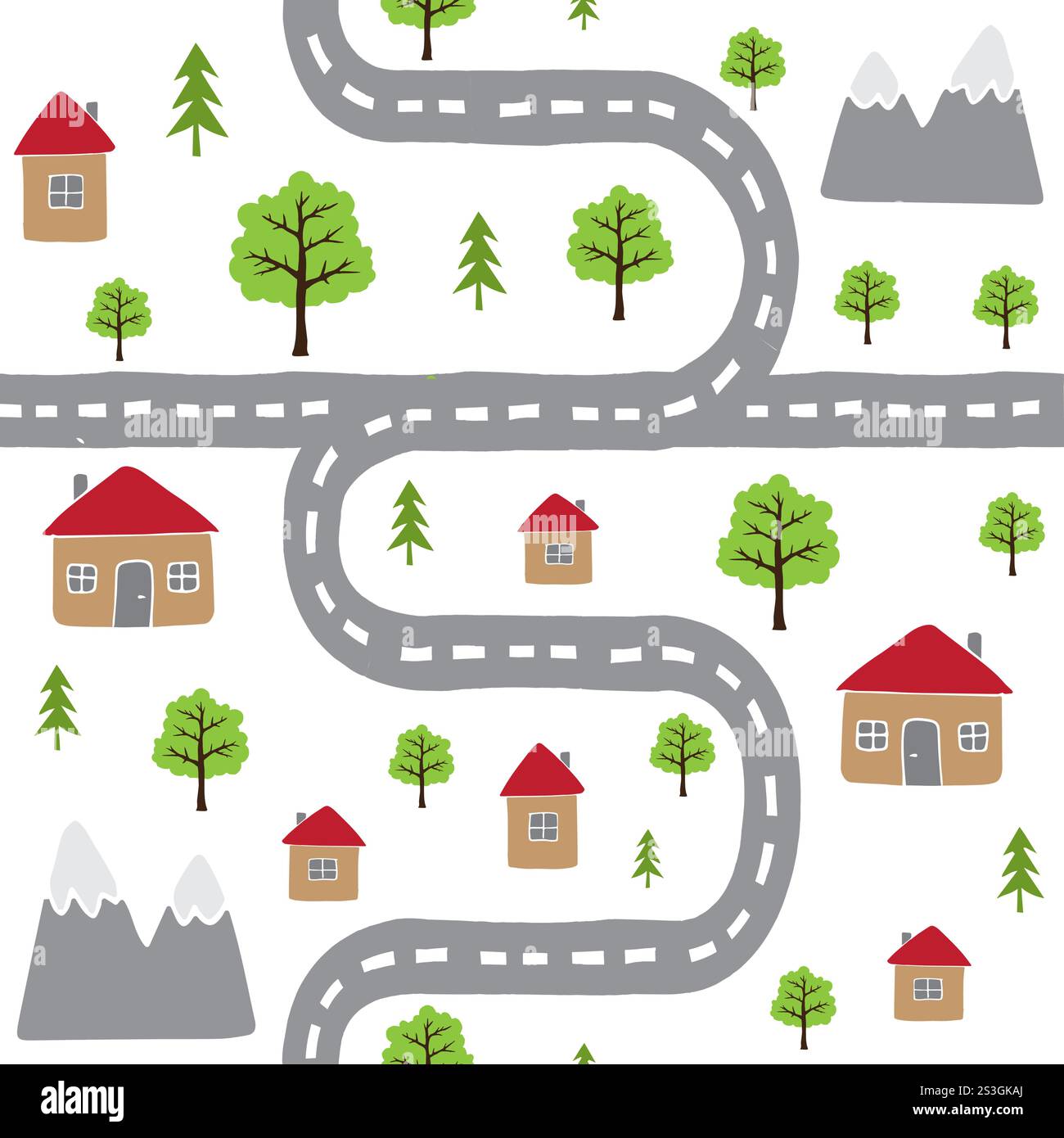 Vecteur modèle sans couture de dessin doodle dessiné à la main paysage de pays coloré avec des maisons et des arbres isolés sur fond blanc Illustration de Vecteur