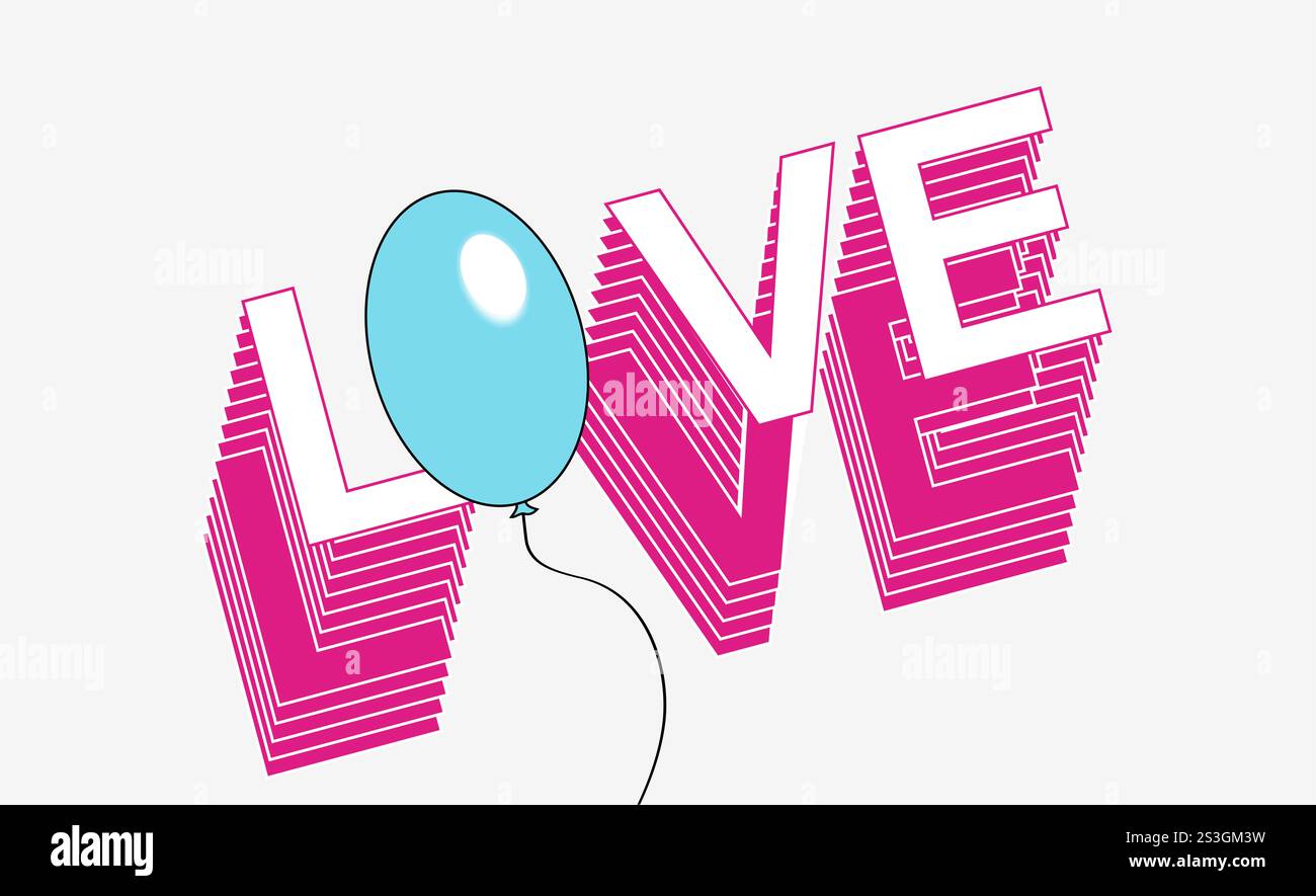 Mot d'amour, isolé, icône 3D, ballon. Illustration pop art colorée. Saint Valentin, anniversaire Banque D'Images