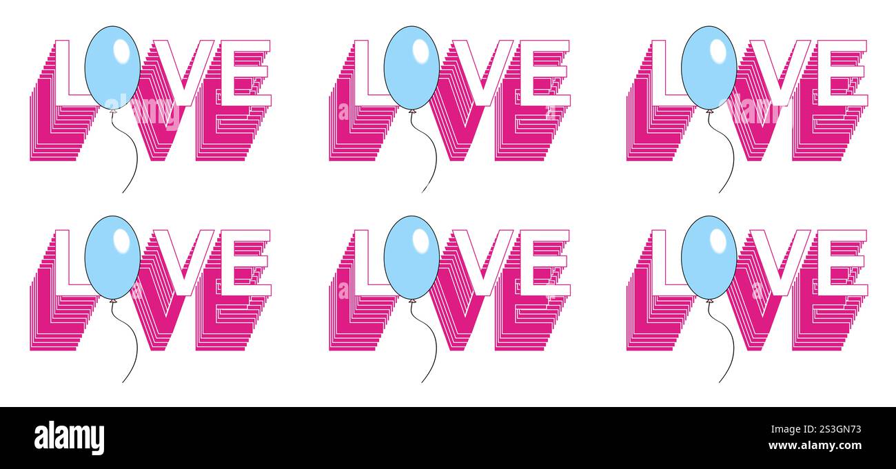 Mot d'amour, motifs de mots, isolé, icône 3D, ballons. Illustration pop art colorée. Saint Valentin, anniversaire Banque D'Images