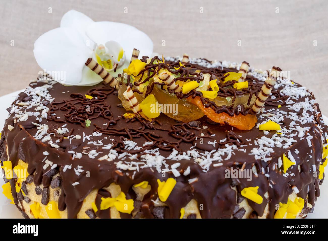 Un gâteau au chocolat magnifiquement conçu dispose d'un riche glaçage surmonté de fruits colorés, de bandes croquantes et de délicates orchidées blanches, ce qui en fait un inviti Banque D'Images