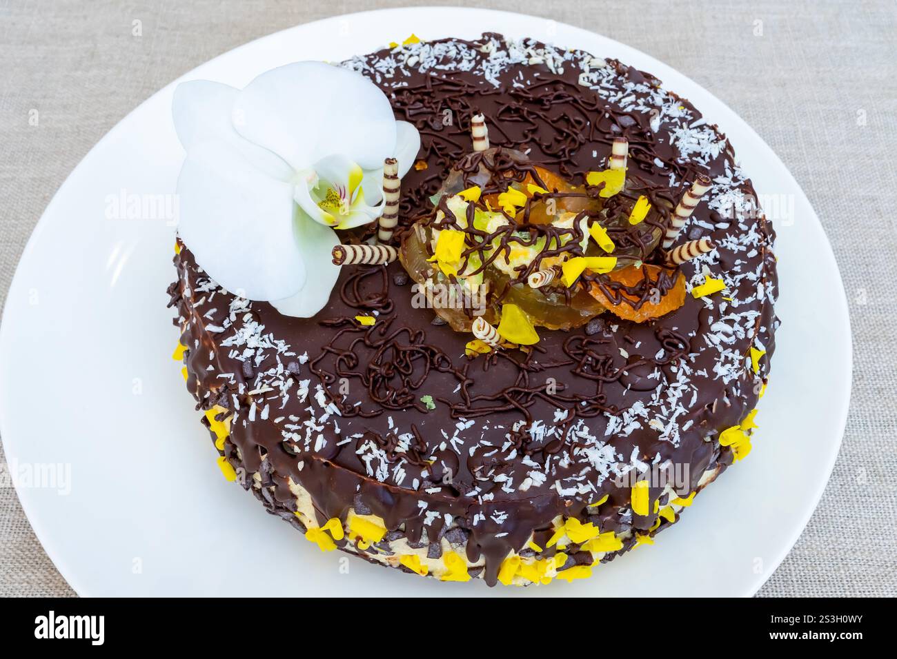 Ce délicieux gâteau au chocolat est magnifiquement orné de noix de coco râpée, de décorations colorées et d'une fleur comestible, ce qui le rend parfait pour spécial Banque D'Images
