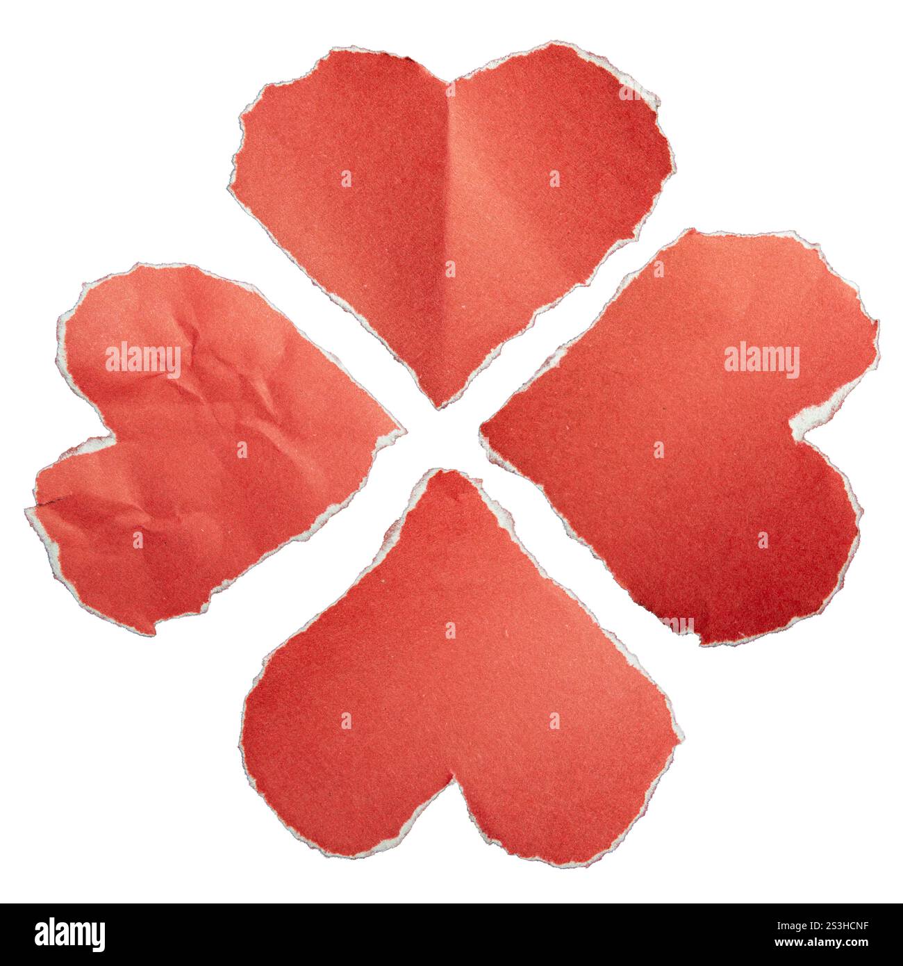 Forme de feuille de trèfle faite de papiers rouges déchirés en forme de coeur sur fond blanc avec chemin de détourage Banque D'Images