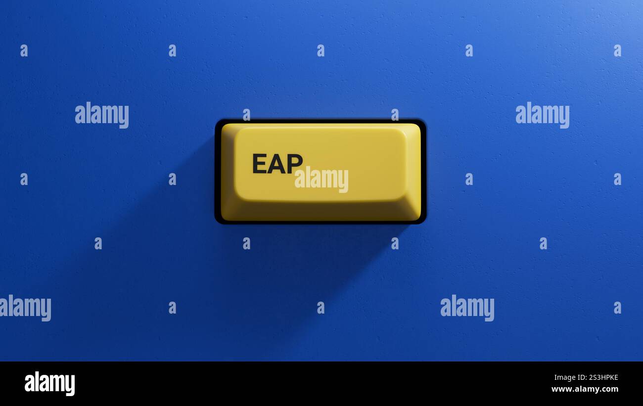 Questions et réponses eap sur le bouton jaune.Close Up bouton du clavier, Business concept.3D rendu sur fond bleu. Banque D'Images