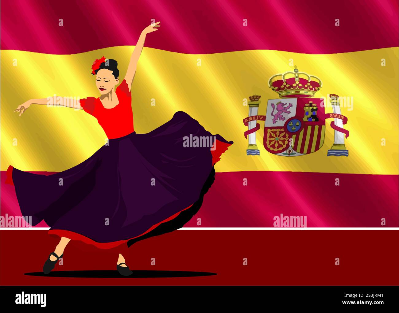 Belle jeune femme dansant le flamenco sur fond de drapeau de l'Espagne. Illustration vectorielle 3D. Illusion dessinée à la main Illustration de Vecteur