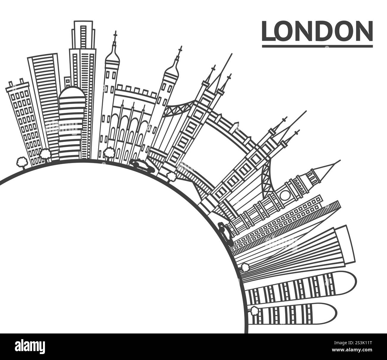 Esquisse London England City Skyline avec des bâtiments modernes et un espace de copie isolé sur blanc. Illustration vectorielle. Paysage urbain de Londres avec des monuments. Illustration de Vecteur