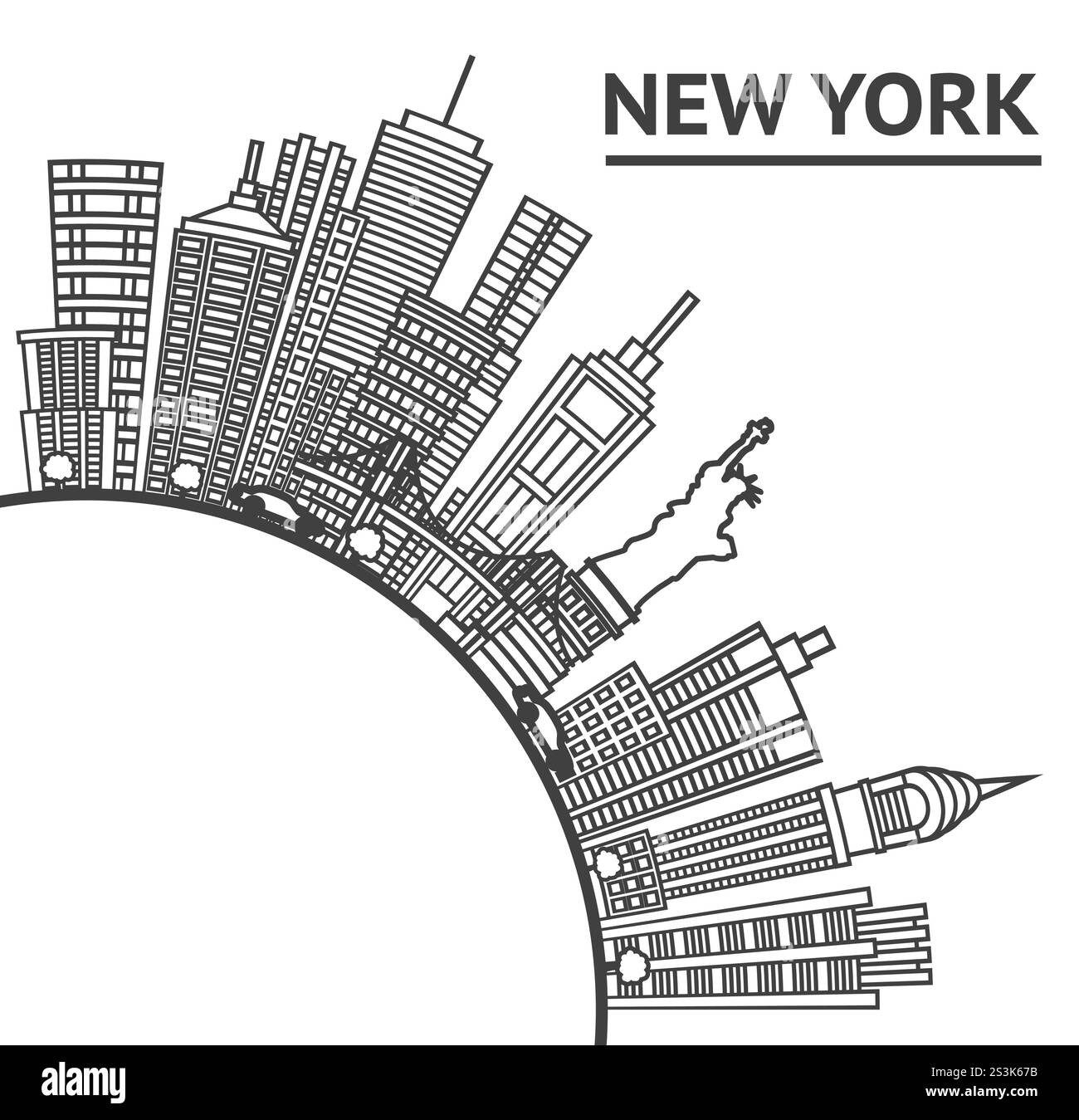 Aperçu New York USA City Skyline avec des bâtiments modernes et un espace de copie isolé sur blanc. Illustration vectorielle. Paysage urbain de New York avec des monuments. Illustration de Vecteur