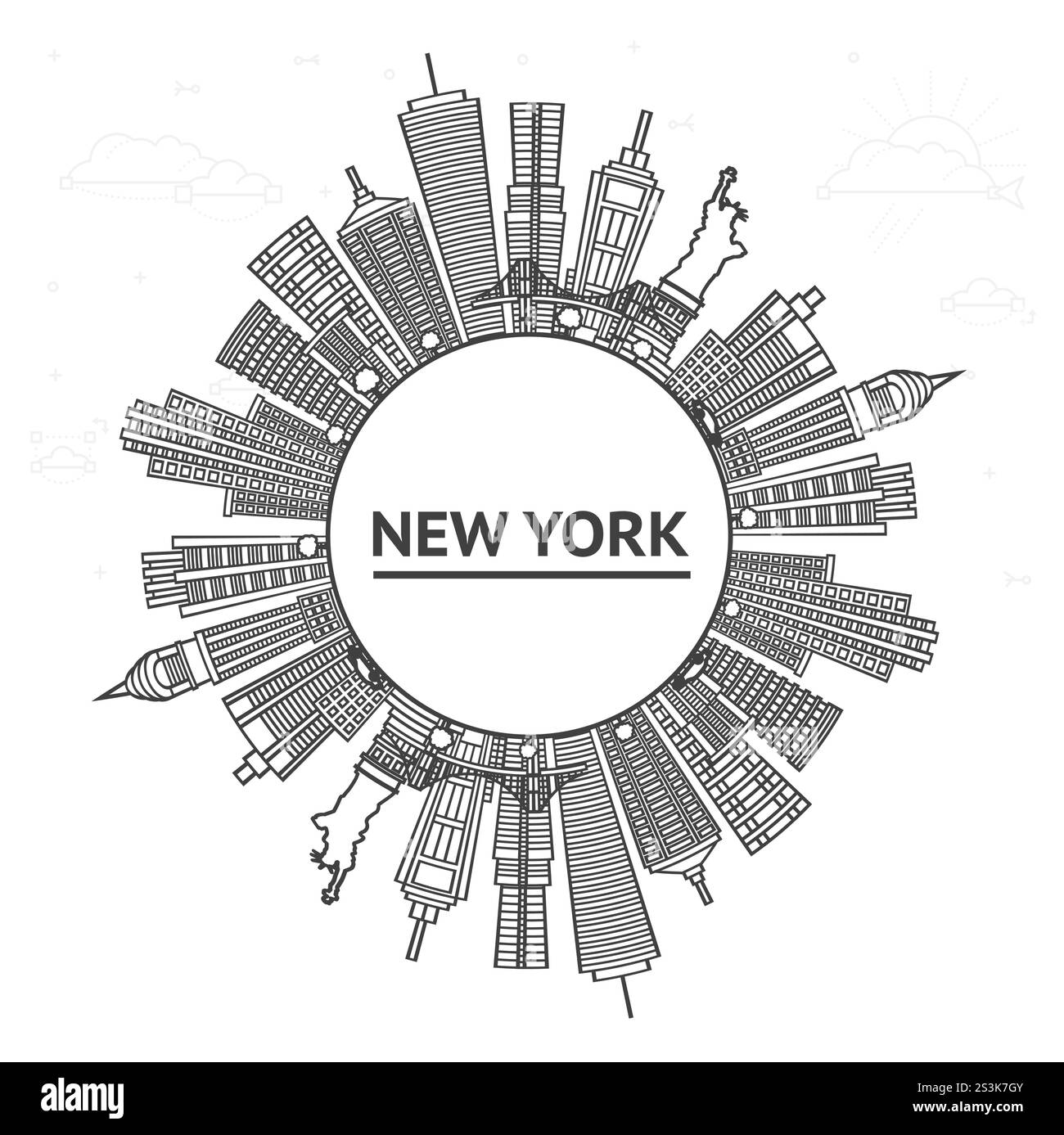 Aperçu New York USA City Skyline avec des bâtiments modernes et un espace de copie isolé sur blanc. Illustration vectorielle. Paysage urbain de New York avec des monuments. Illustration de Vecteur