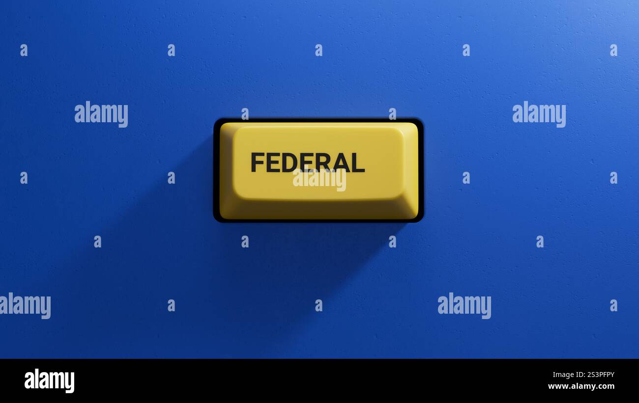 Le mot Federal écrit sur des cubes de bois. Business et finance concept.Close Up bouton du clavier, Business concept.3D rendu sur fond bleu. Banque D'Images