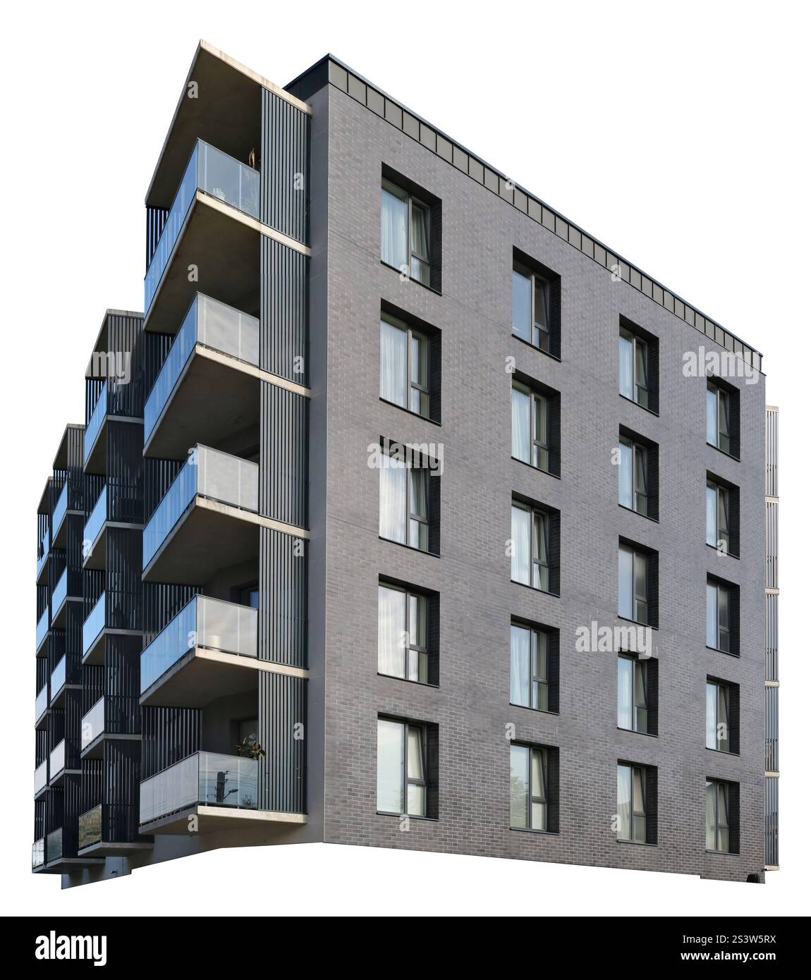 Fenêtres et balcons d'une maison résidentielle standard pour briques noires. Isolé sur blanc Banque D'Images