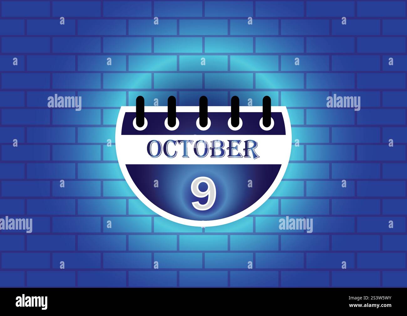 Une page de calendrier stylisée affichant le 9 octobre est montrée sur un fond de mur de briques bleues. Le calendrier présente un design moderne avec des lignes épurées Illustration de Vecteur