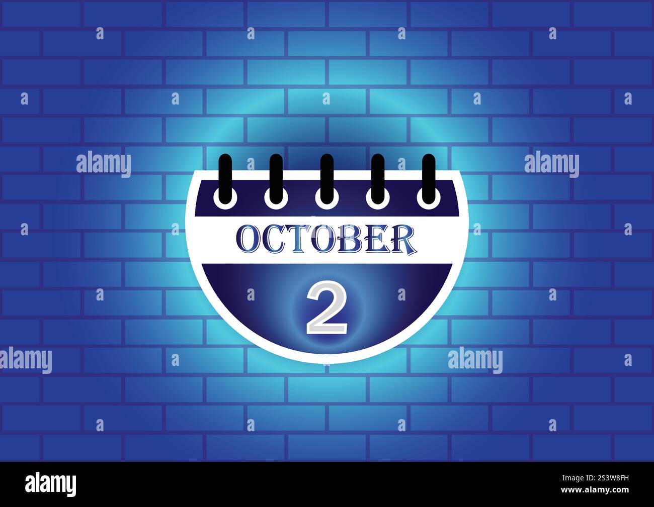 Une illustration numérique d'une page de calendrier montrant le 2 octobre. La page est bleue et blanche, placée sur une toile de fond d'un mur de briques bleues. Nettoyer Illustration de Vecteur