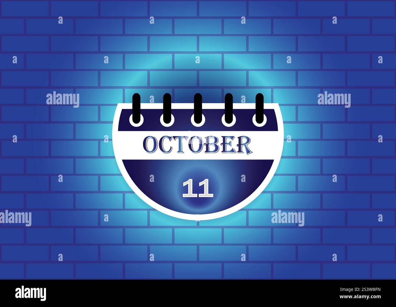 Une illustration numérique d'une page de calendrier montrant le 11 octobre. Le calendrier est représenté sur un fond de briques bleues Illustration de Vecteur