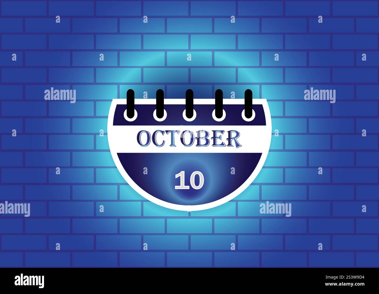 Une page de calendrier stylisée pour le 10 octobre est affichée sur un fond de mur de briques bleues. Le design est propre et moderne, idéal pour diverses utilisations. Illustration de Vecteur
