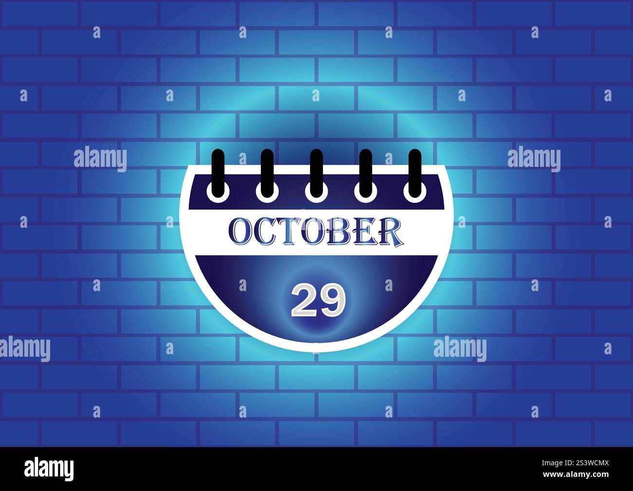 Une illustration numérique d'une page de calendrier montrant le 29 octobre. Le calendrier est représenté sur un fond de mur de briques bleues Illustration de Vecteur