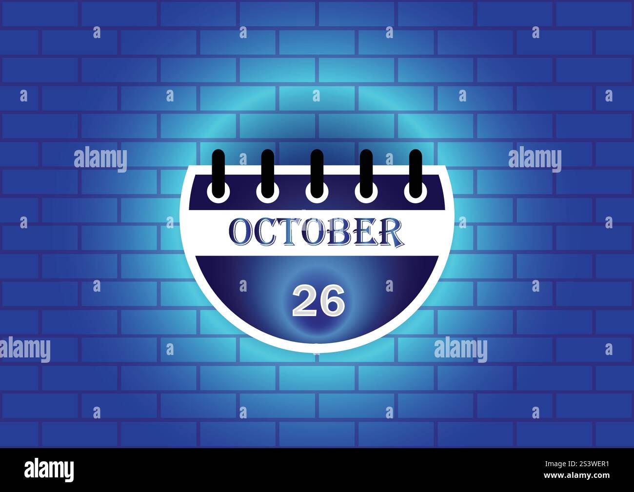 Une page de calendrier stylisée affichant le 26 octobre est montrée sur un fond de mur de briques bleues. Le design est propre et moderne, idéal pour une utilisation numérique. Illustration de Vecteur